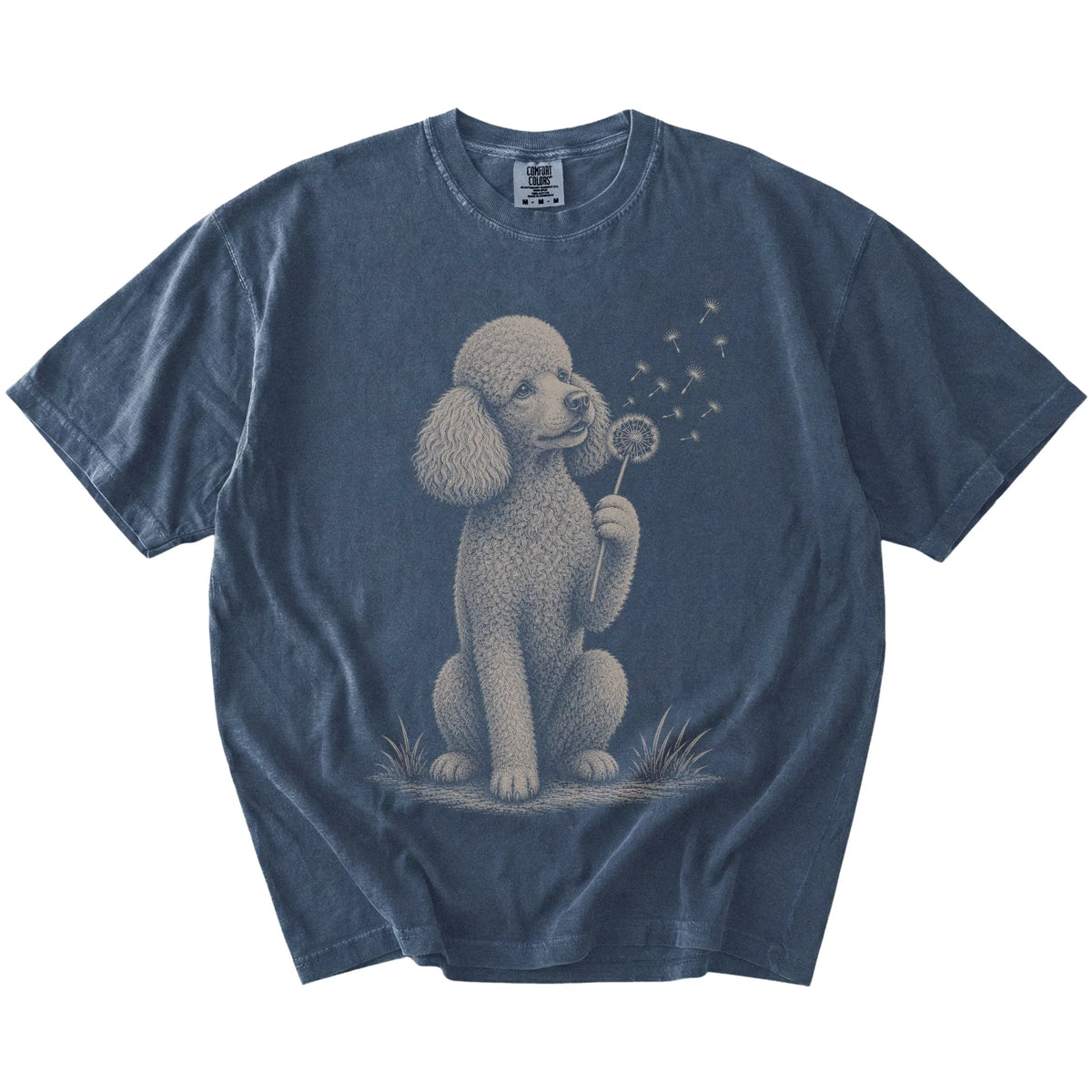 Poodle portrait with drifting dandelion seeds on a Denim Comfort Colors® T-shirt