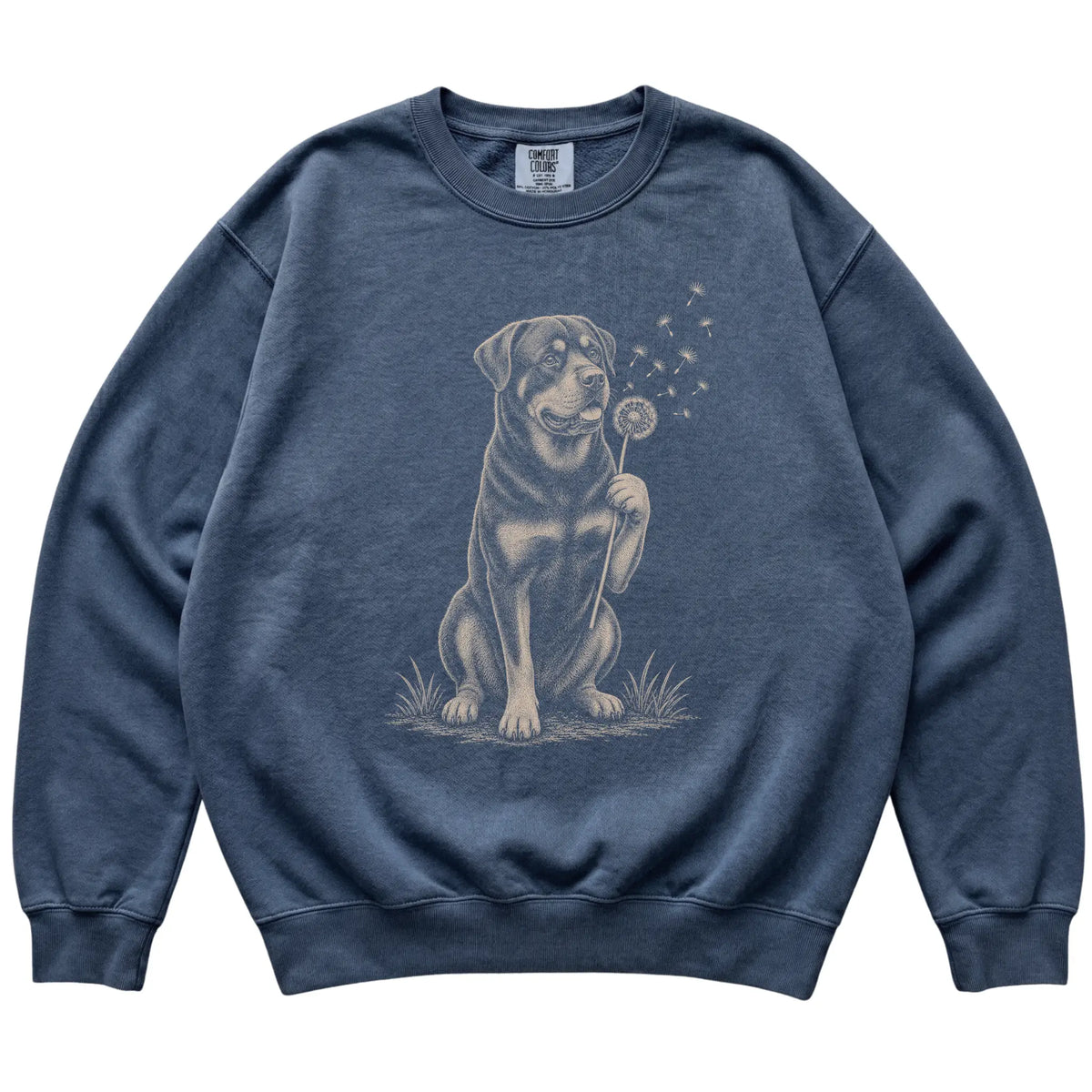Denim Comfort Colors® sweatshirt featuring Dandelion Rottweiler, laid-flat presentation