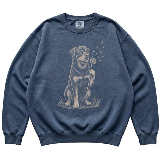 Denim Comfort Colors® sweatshirt featuring Dandelion Rottweiler, laid-flat presentation