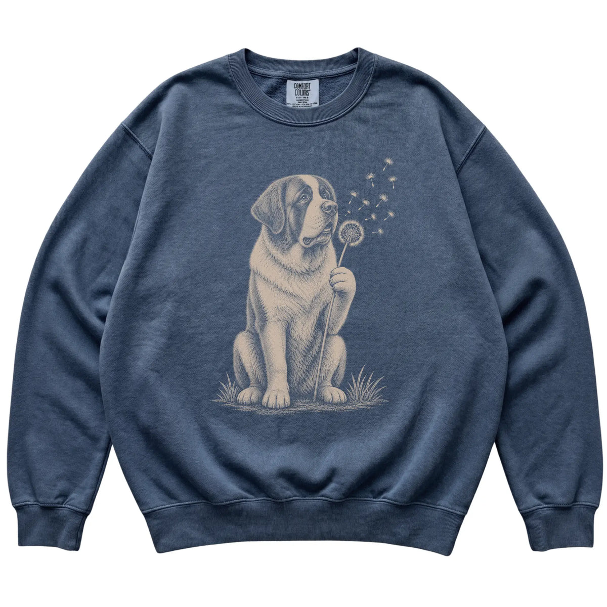 Denim Comfort Colors® sweatshirt featuring Dandelion Saint Bernard, laid-flat presentation