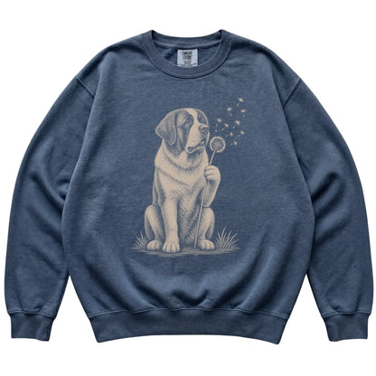 Denim Comfort Colors® sweatshirt featuring Dandelion Saint Bernard, laid-flat presentation