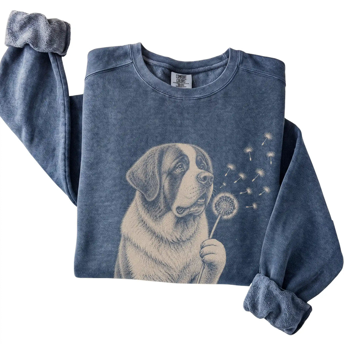 Denim Comfort Colors® sweatshirt featuring Dandelion Saint Bernard, folded presentation