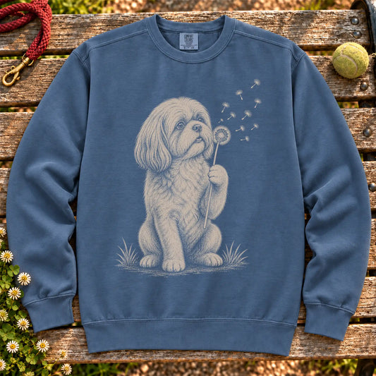 Shih Tzu Dandelion on a Denim crewneck sweatshirt, shown flat
