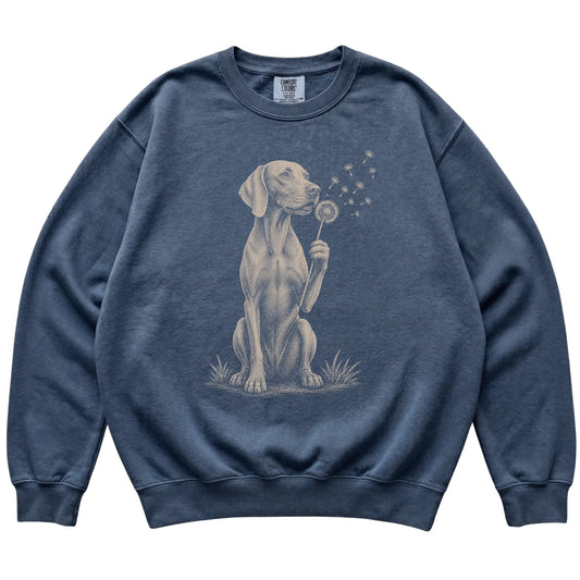 Denim Comfort Colors® sweatshirt featuring Dandelion Weimaraner, laid-flat presentation