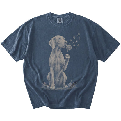 Weimaraner portrait with drifting dandelion seeds on a Denim Comfort Colors® T-shirt