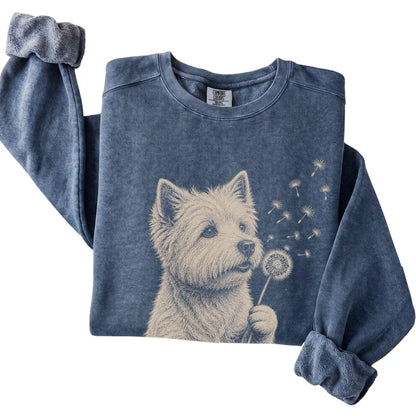 Denim Comfort Colors® sweatshirt featuring Dandelion Westie, folded presentation