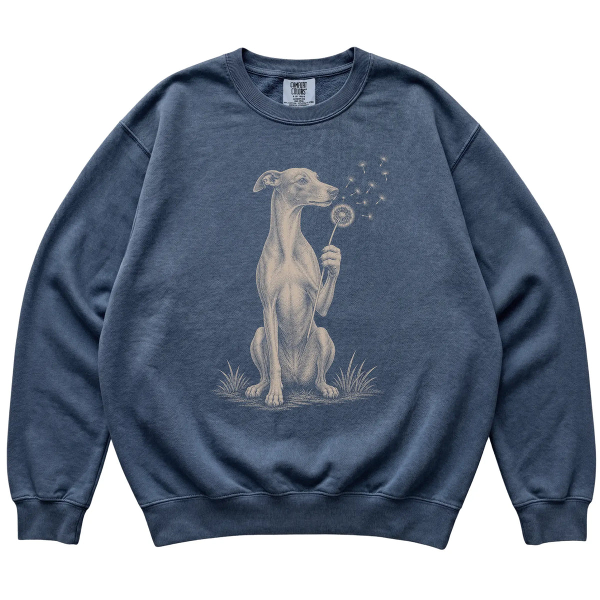 Denim Comfort Colors® sweatshirt featuring Dandelion Whippet, laid-flat presentation