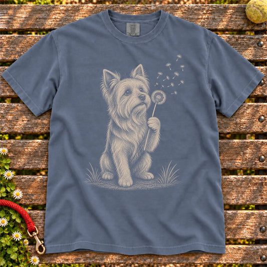 Dandelion Yorkie design on a Denim Comfort Colors T-shirt, shown flat