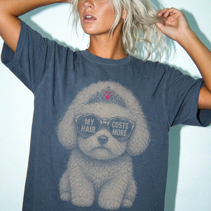 Woman wearing a Denim Diva Bichon Frise T-Shirt