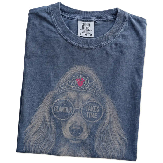 Folded Denim Diva Long-Haired Dachshund T-Shirt showing the graphic