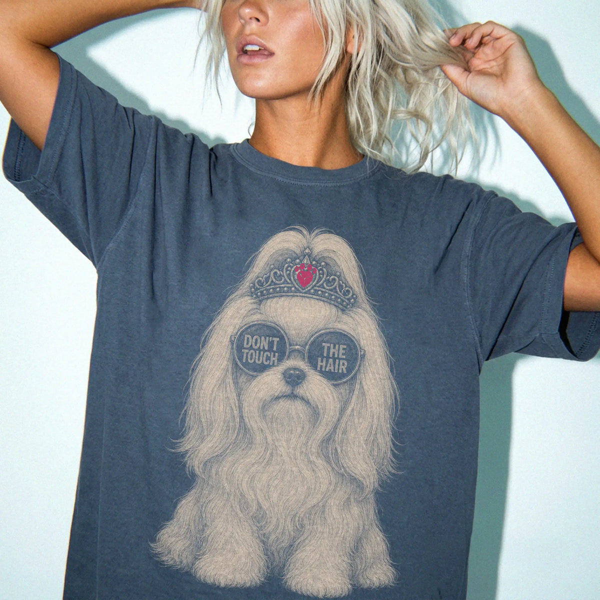 Woman wearing a Denim Diva Maltese T-Shirt