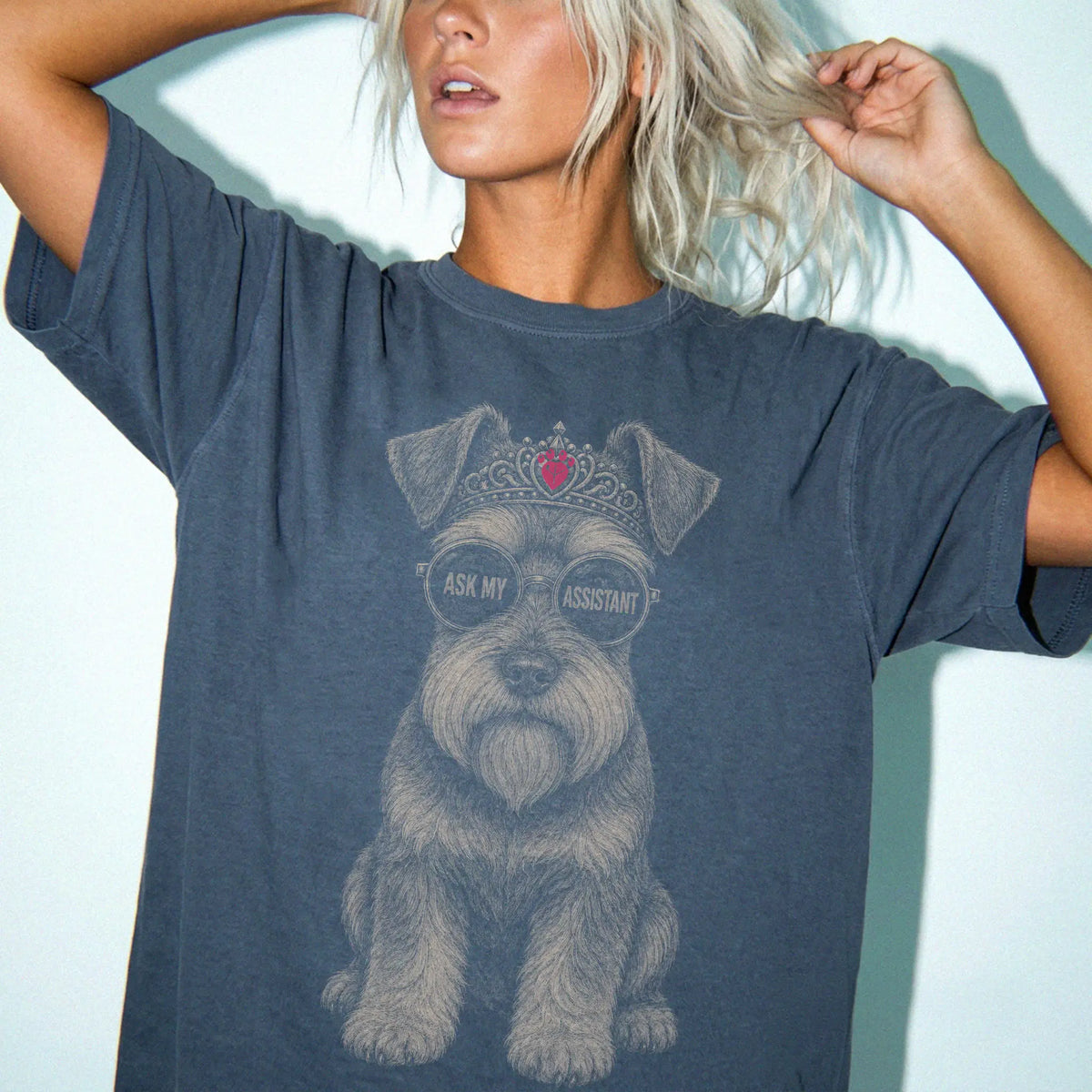 Woman wearing a Denim Diva Schnauzer T-Shirt