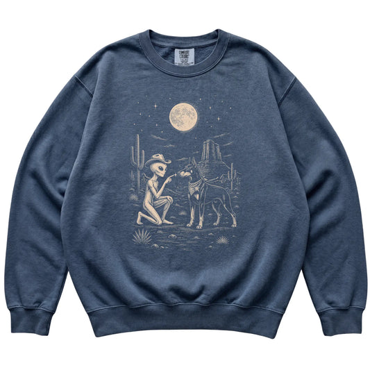 Denim Comfort Colors® sweatshirt featuring Doberman Cowboy and Alien, laid-flat presentation