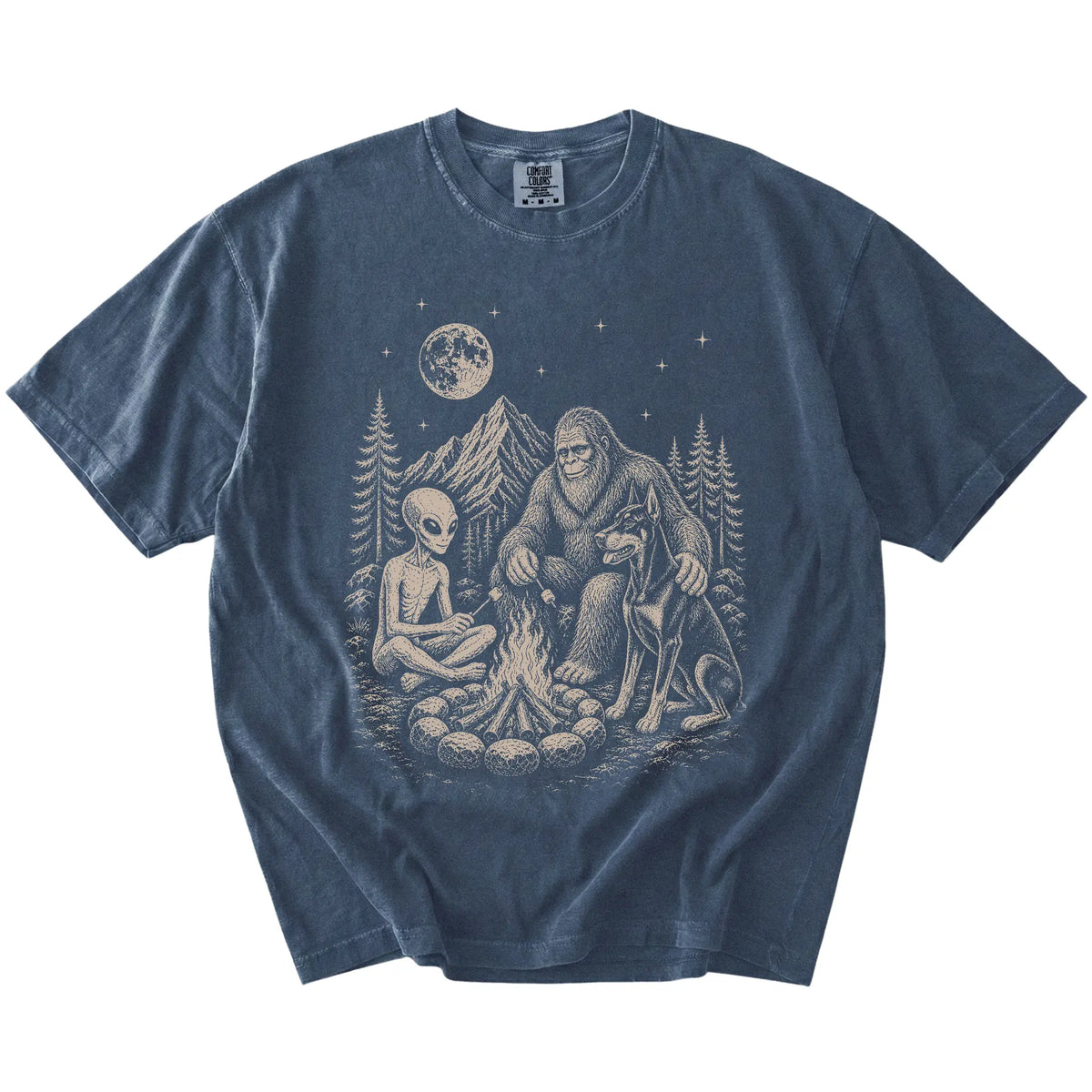 Doberman camping with Bigfoot and an alien on a Denim Comfort Colors® T-shirt