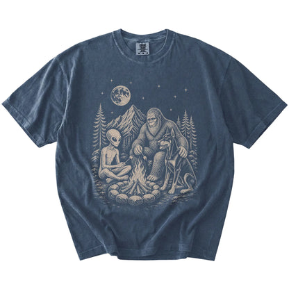 Doberman camping with Bigfoot and an alien on a Denim Comfort Colors® T-shirt