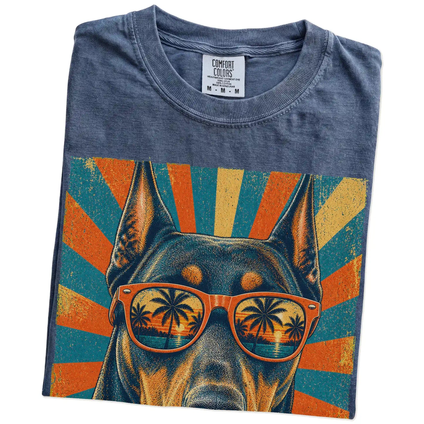 Retro Doberman Dad design on a Denim Comfort Colors T-shirt folded detail