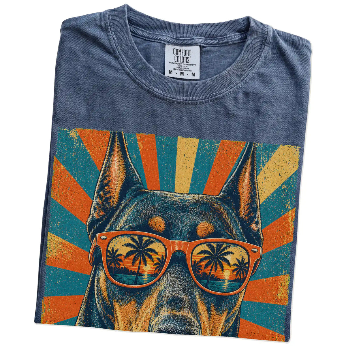 Retro Doberman Dad design on a Denim Comfort Colors T-shirt folded detail