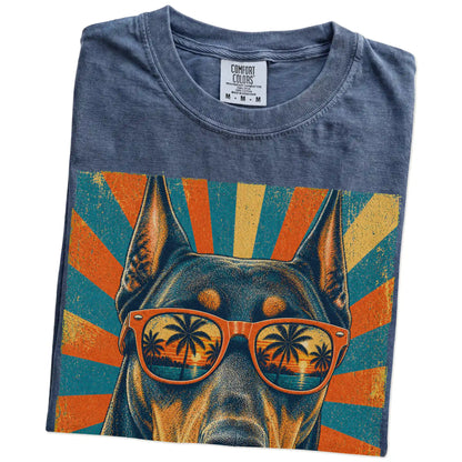 Retro Doberman Dad design on a Denim Comfort Colors T-shirt folded detail