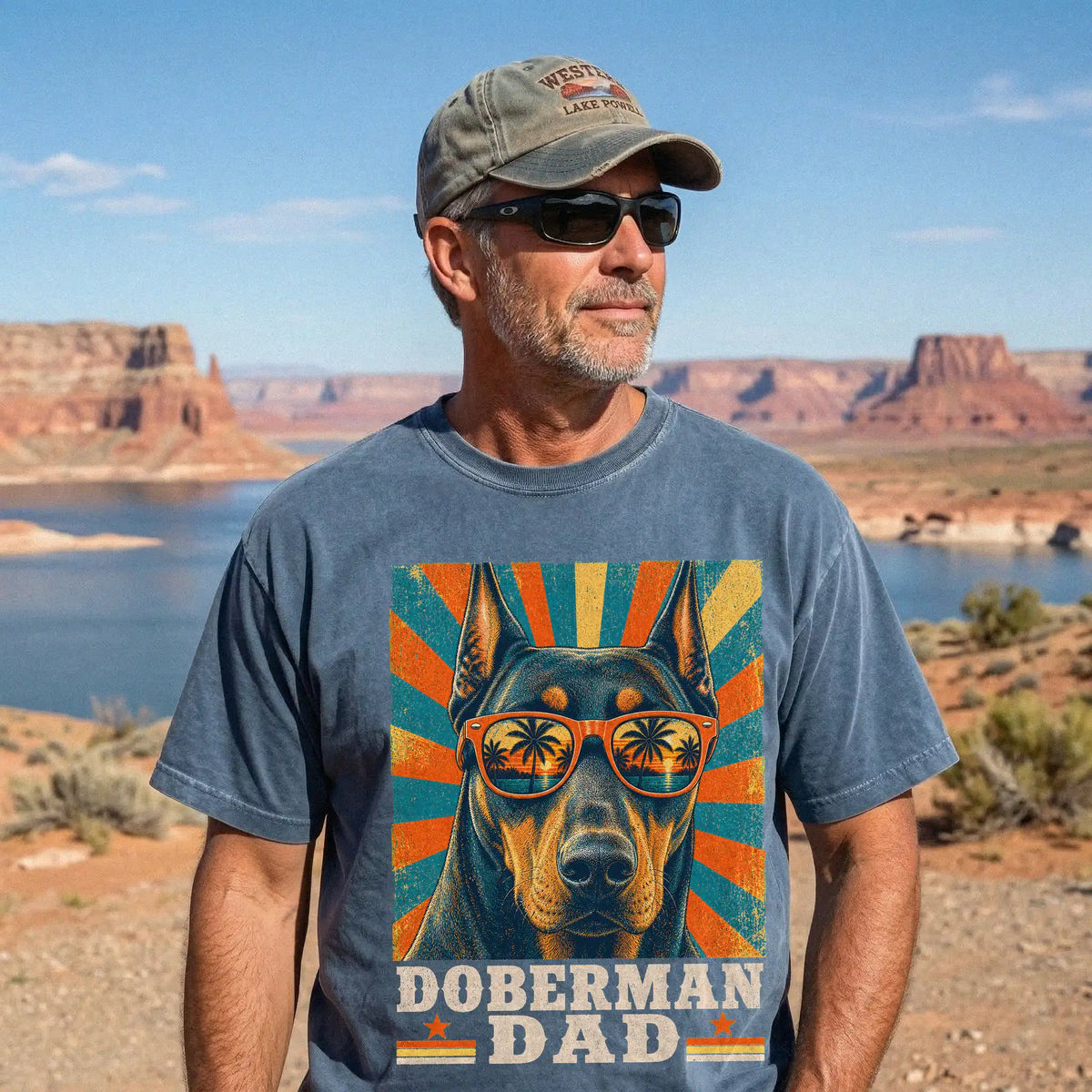 Retro Doberman Dad design on a Denim Comfort Colors T-shirt worn by a model