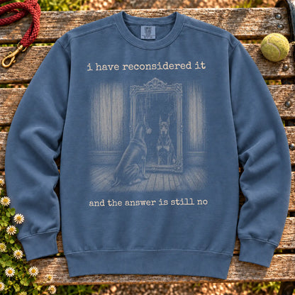 Doberman The Answer Is Still No on a Denim crewneck sweatshirt, shown flat