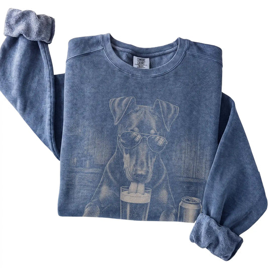 Denim Doberman drinking from a pint at a bar, folded detail view