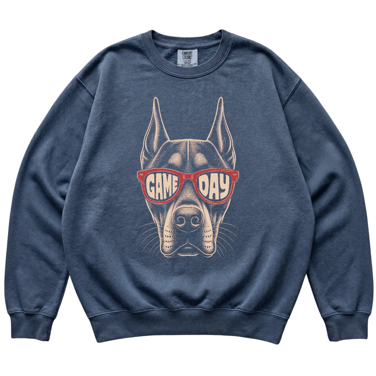 Denim Doberman Game Day Sunglasses sweatshirt, laid flat
