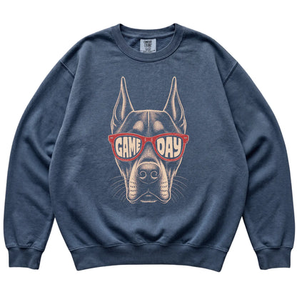 Denim Doberman Game Day Sunglasses sweatshirt, laid flat