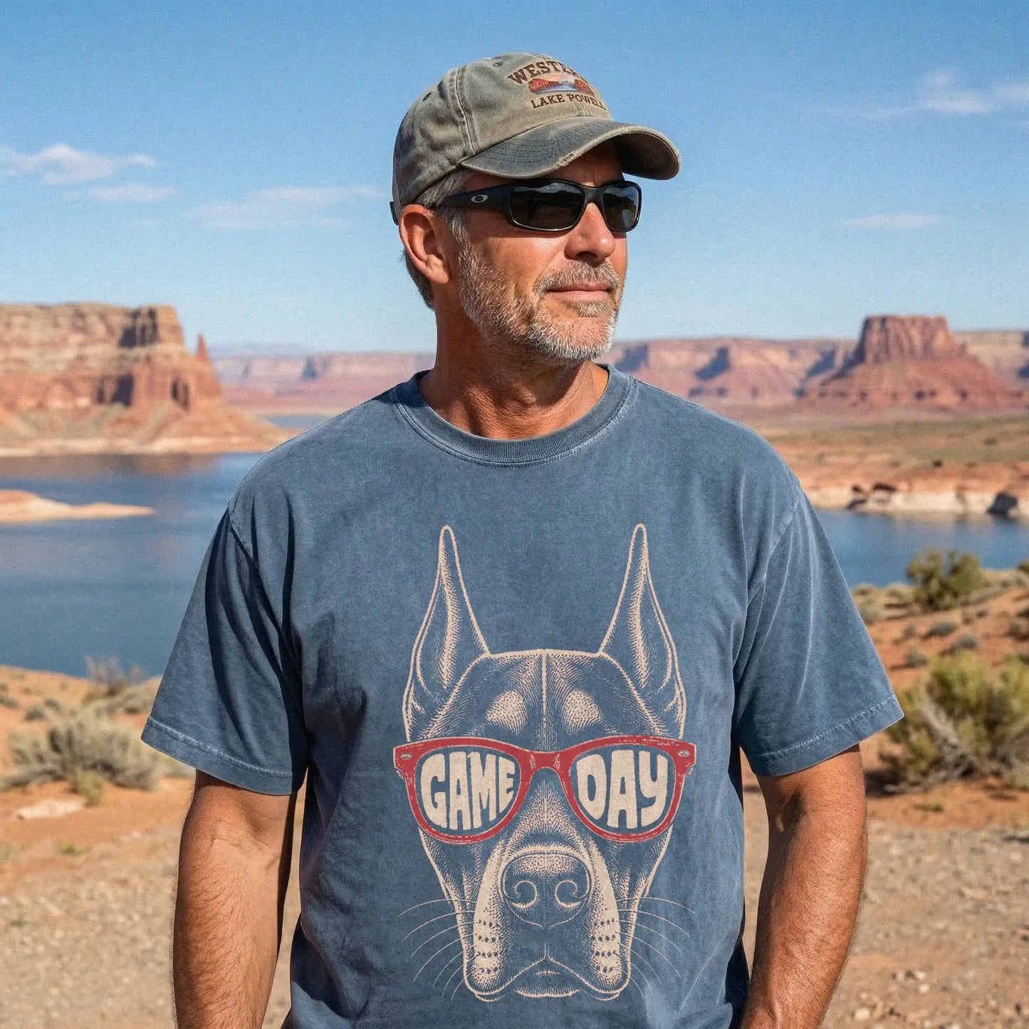 Model wearing a Denim Comfort Colors® T-shirt with doberman wearing red game day sunglasses