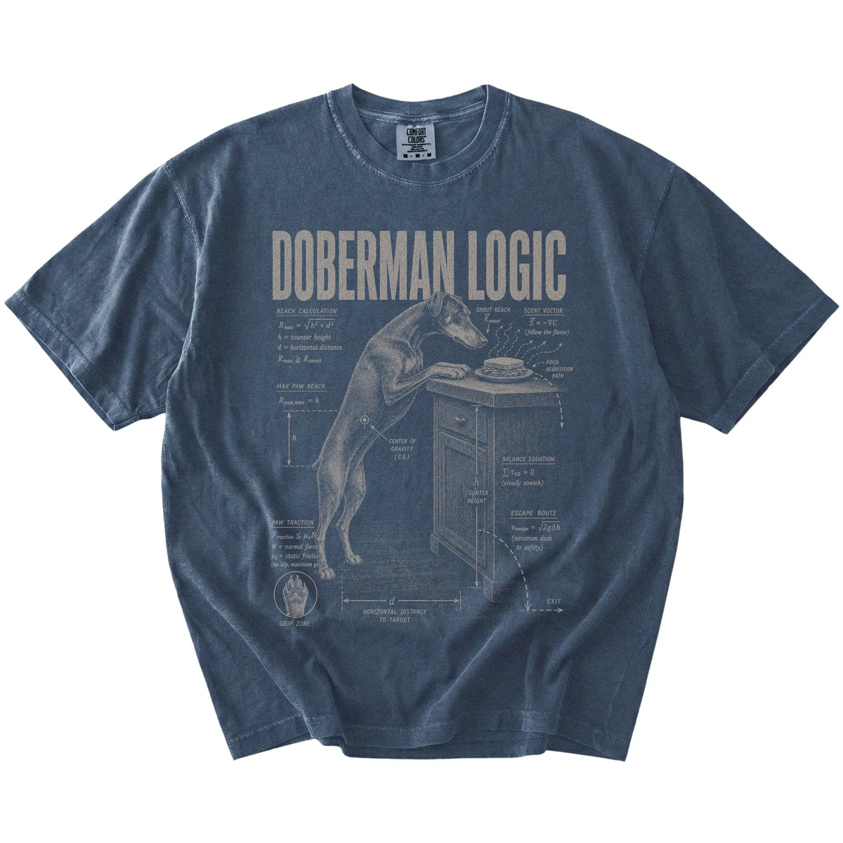 Denim Doberman Logic t-shirt laid flat