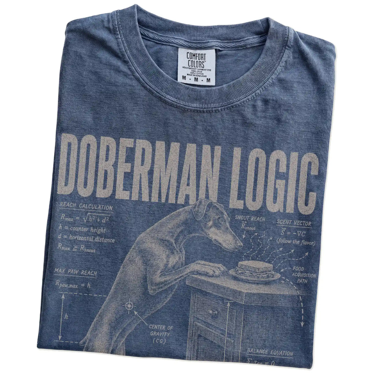 Folded Denim Doberman Logic t-shirt showing the graphic