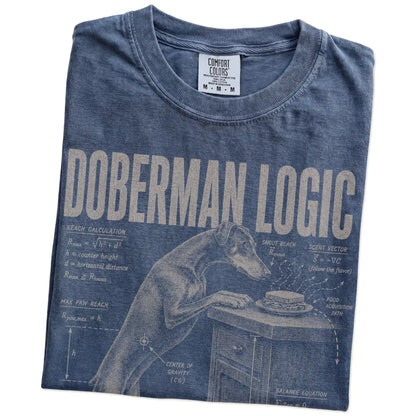 Folded Denim Doberman Logic t-shirt showing the graphic