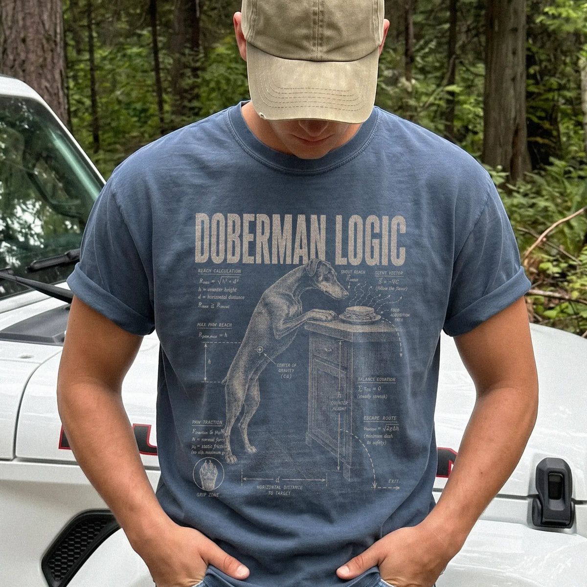 Person wearing a Denim Doberman Logic t-shirt