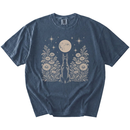 Doberman beneath a wildflower moon on a Denim Comfort Colors® T-shirt