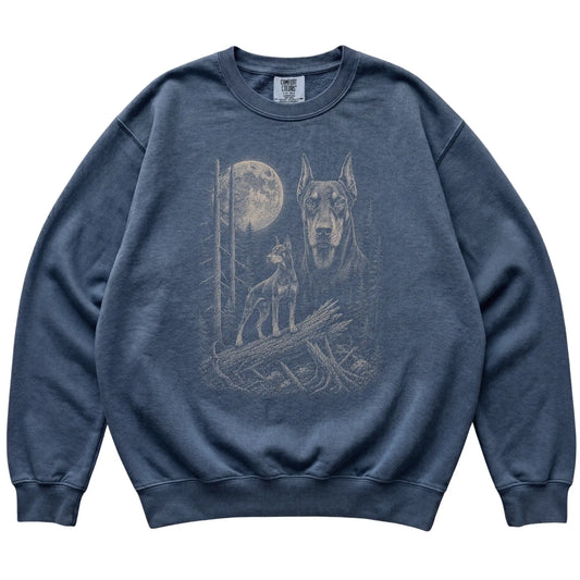Denim Doberman Moonlit Forest Comfort Colors sweatshirt, flat view