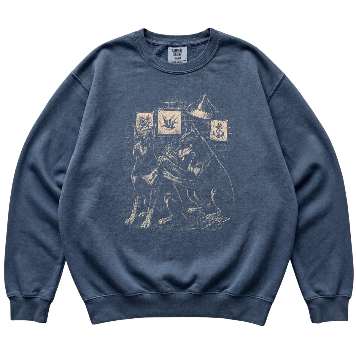 Denim Doberman Dog Tattoo Artist shirt laid flat