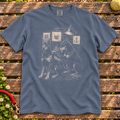 Doberman Tattoo design on a Denim Comfort Colors T-shirt, shown flat