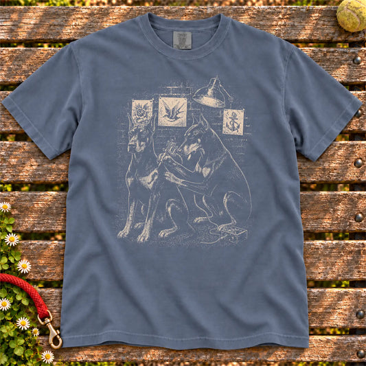 Doberman Tattoo design on a Denim Comfort Colors T-shirt, shown flat