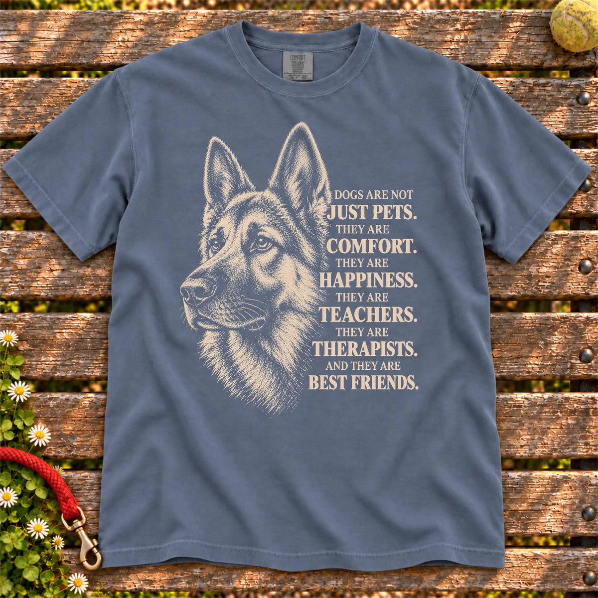 Dogs Are Not Just Pets German Shepherd text design on a Denim Comfort Colors T-shirt