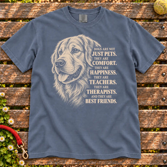 Dogs Are Not Just Pets Golden Retriever text design on a Denim Comfort Colors T-shirt