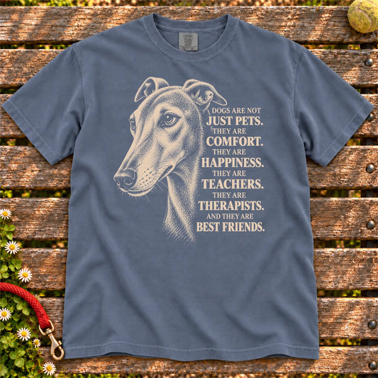 Dogs Are Not Just Pets Greyhound text design on a Denim Comfort Colors T-shirt