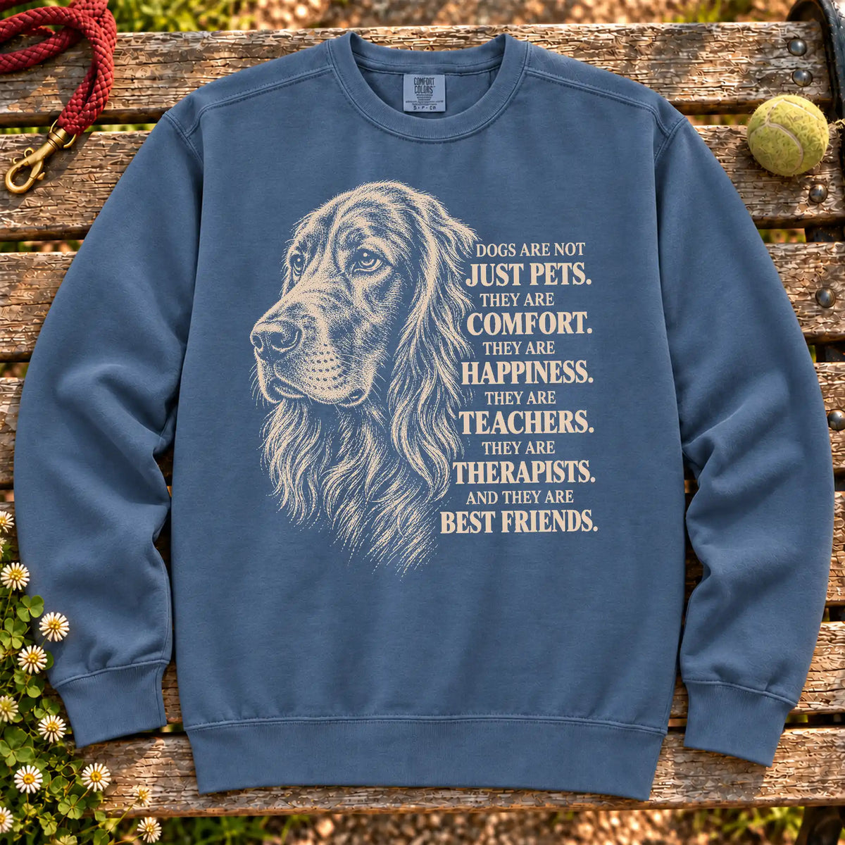 Dogs Are Not Just Pets Irish Setter text design on a Denim Comfort Colors sweatshirt