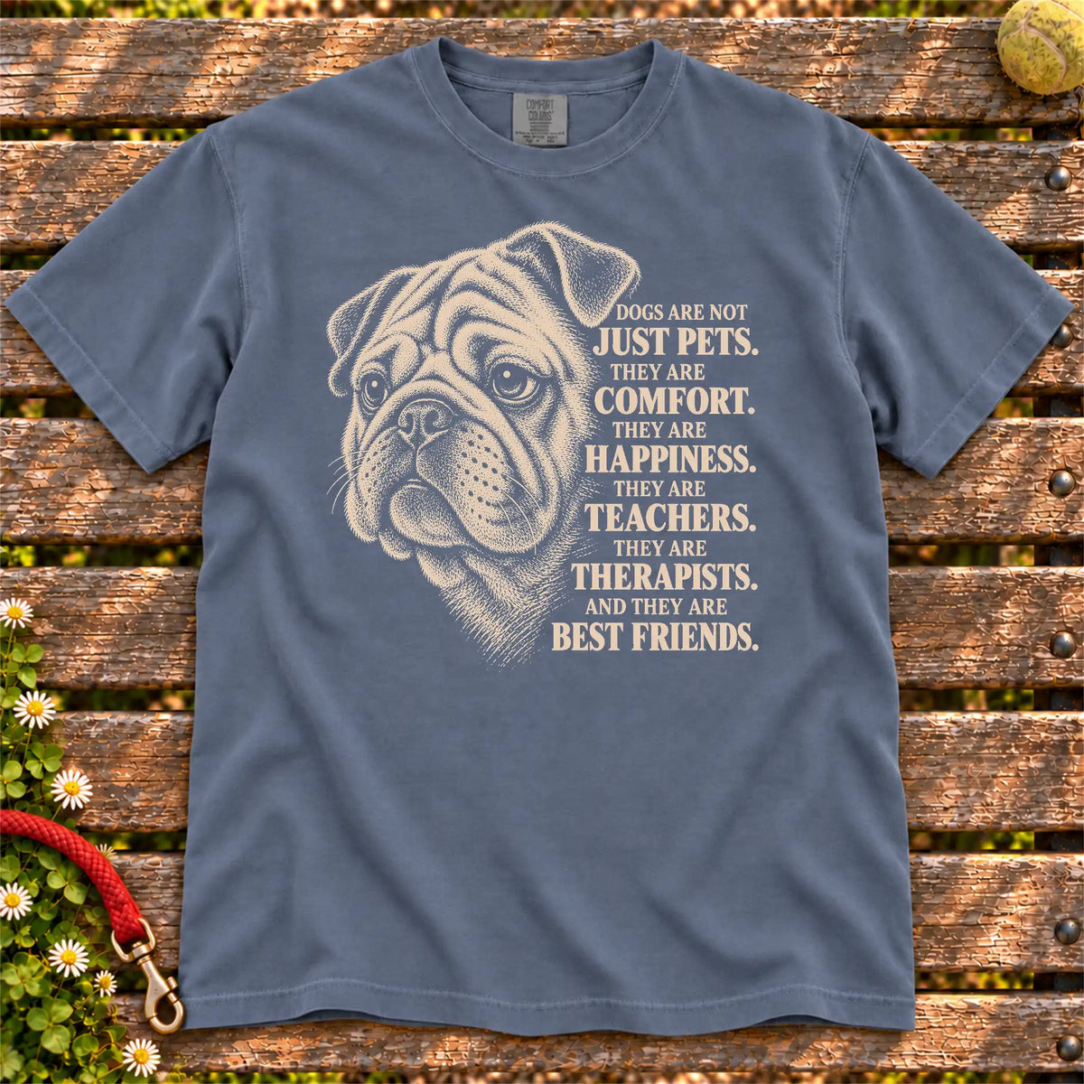 Dogs Are Not Just Pets Pug text design on a Denim Comfort Colors T-shirt