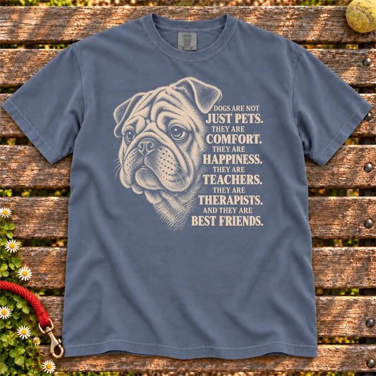 Dogs Are Not Just Pets Pug text design on a Denim Comfort Colors T-shirt