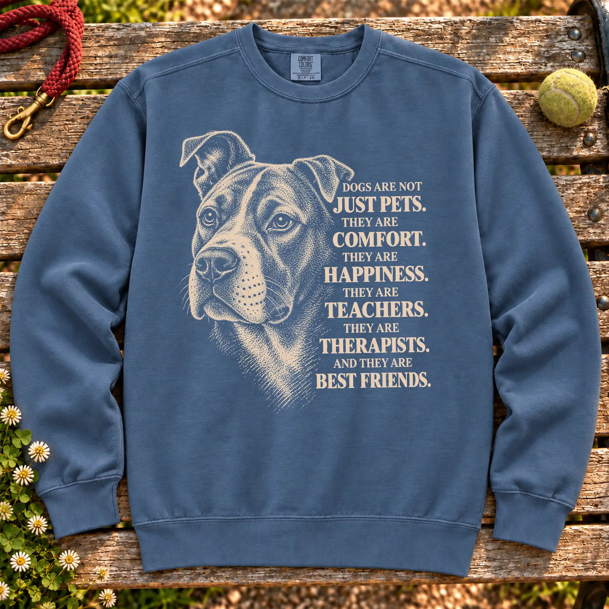 Dogs Are Not Just Pets Rescue Dog text design on a Denim Comfort Colors sweatshirt