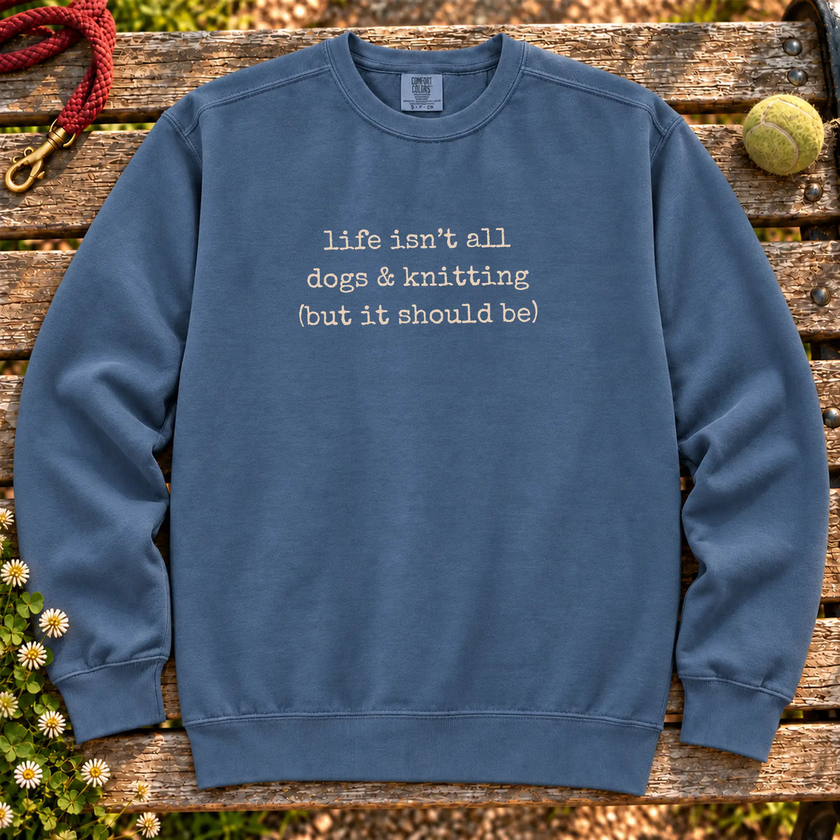 Dogs & Knitting design on a Denim crewneck sweatshirt, shown flat