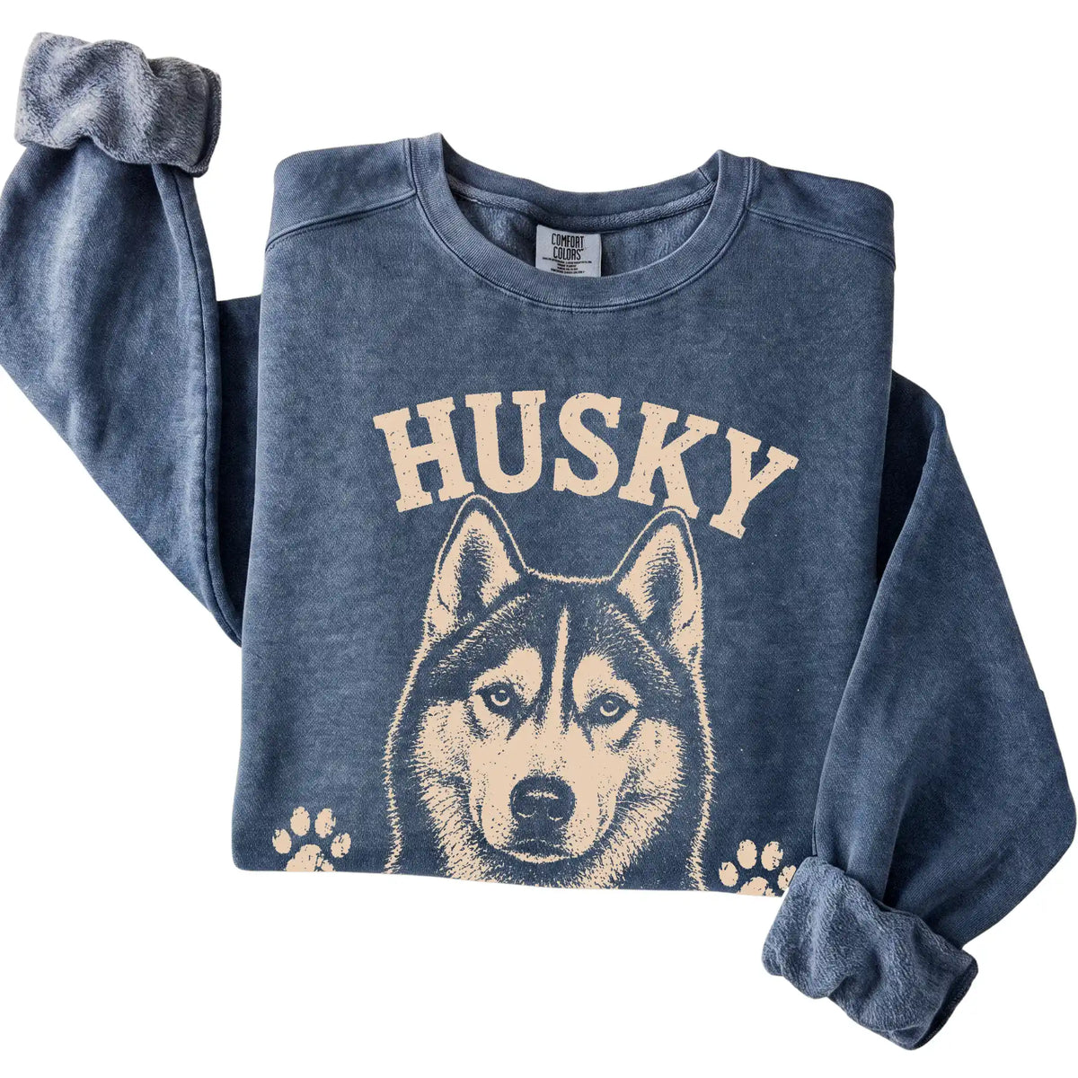 Denim Comfort Colors® sweatshirt featuring Dramatic, Vocal & Never Wrong - Husky, folded presentation