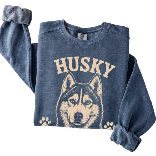 Denim Comfort Colors® sweatshirt featuring Dramatic, Vocal & Never Wrong - Husky, folded presentation