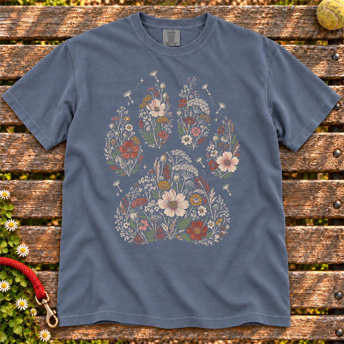 Dried flower paw print on Denim T-shirt