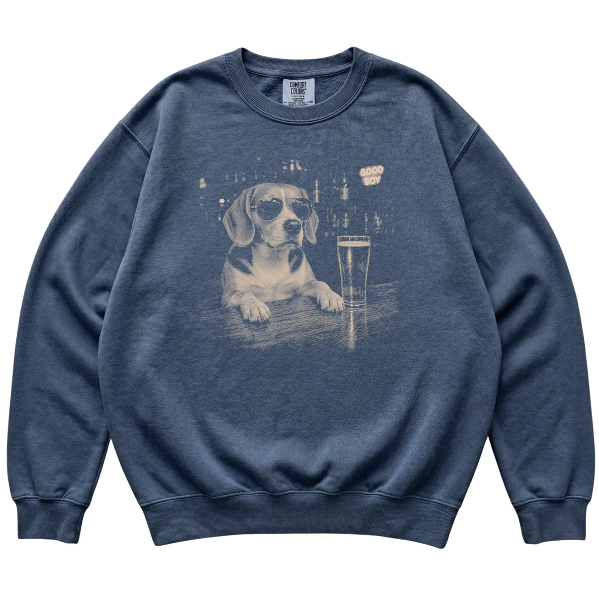 Denim Beagle at a bar beside a pint, laid flat