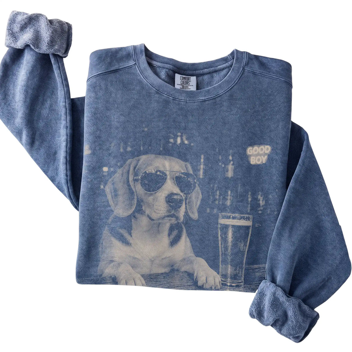 Denim Beagle at a bar beside a pint, folded detail view
